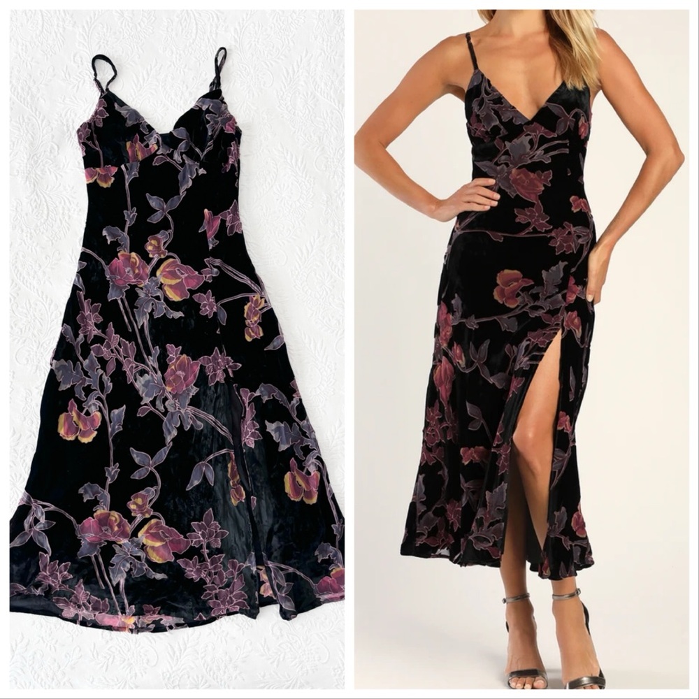 Lulu's Black and Purple Floral Midi Dress